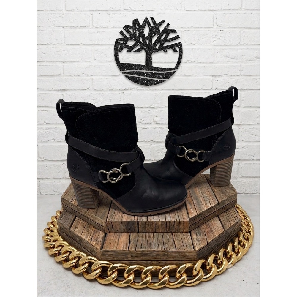 Timberland Black Leather & Suede Block Heel  harness Boots Gold Buckle Detail